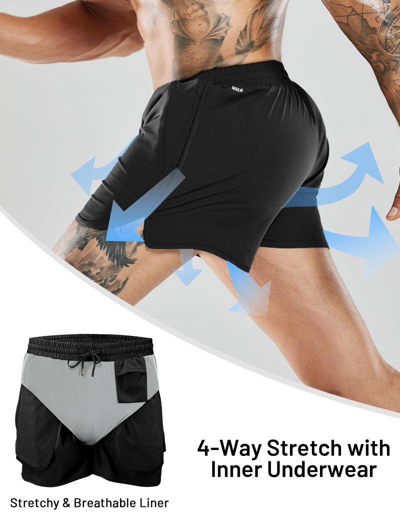 MIER Men's 3 Inches Quick Dry Running Shorts Water Resistant Lightweight Athletic Workout Training Activewear with Liner Zip Pockets Black M - Image 2